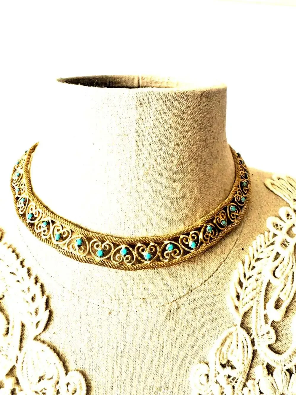 Vintage Gold Toned Filigree Choker with Turquoise-Colored Cabochon, 15 1/2 inch